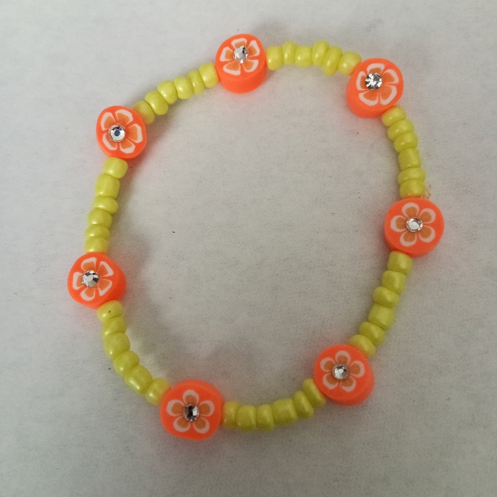 hand crafted Floral print neon bedazzled beaded bracelet lime green and orange